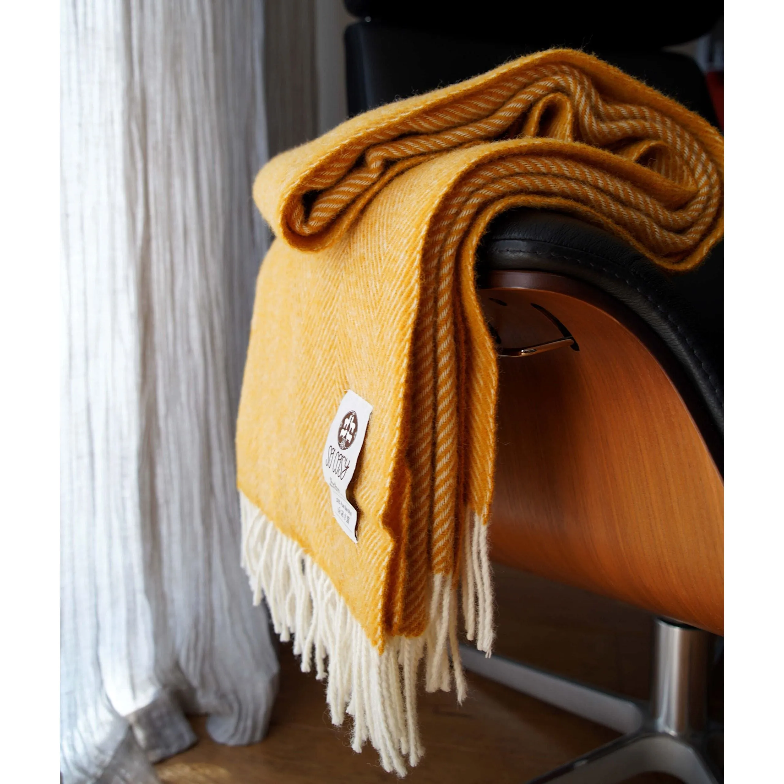 Mustard Yellow and White Pure New Wool Herringbone Dani Throw (190cm x 130cm)