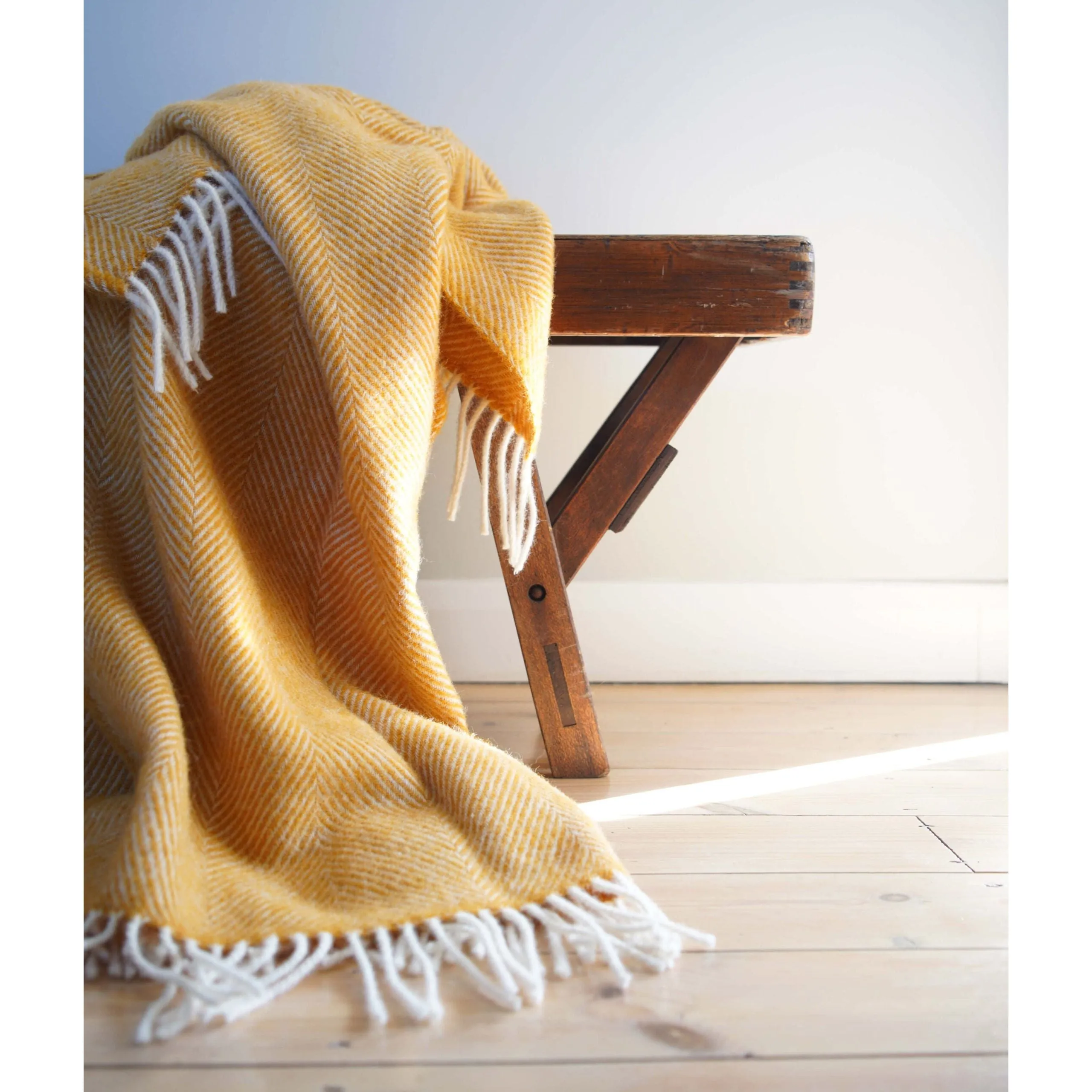 Mustard Yellow and White Pure New Wool Herringbone Dani Throw (190cm x 130cm)