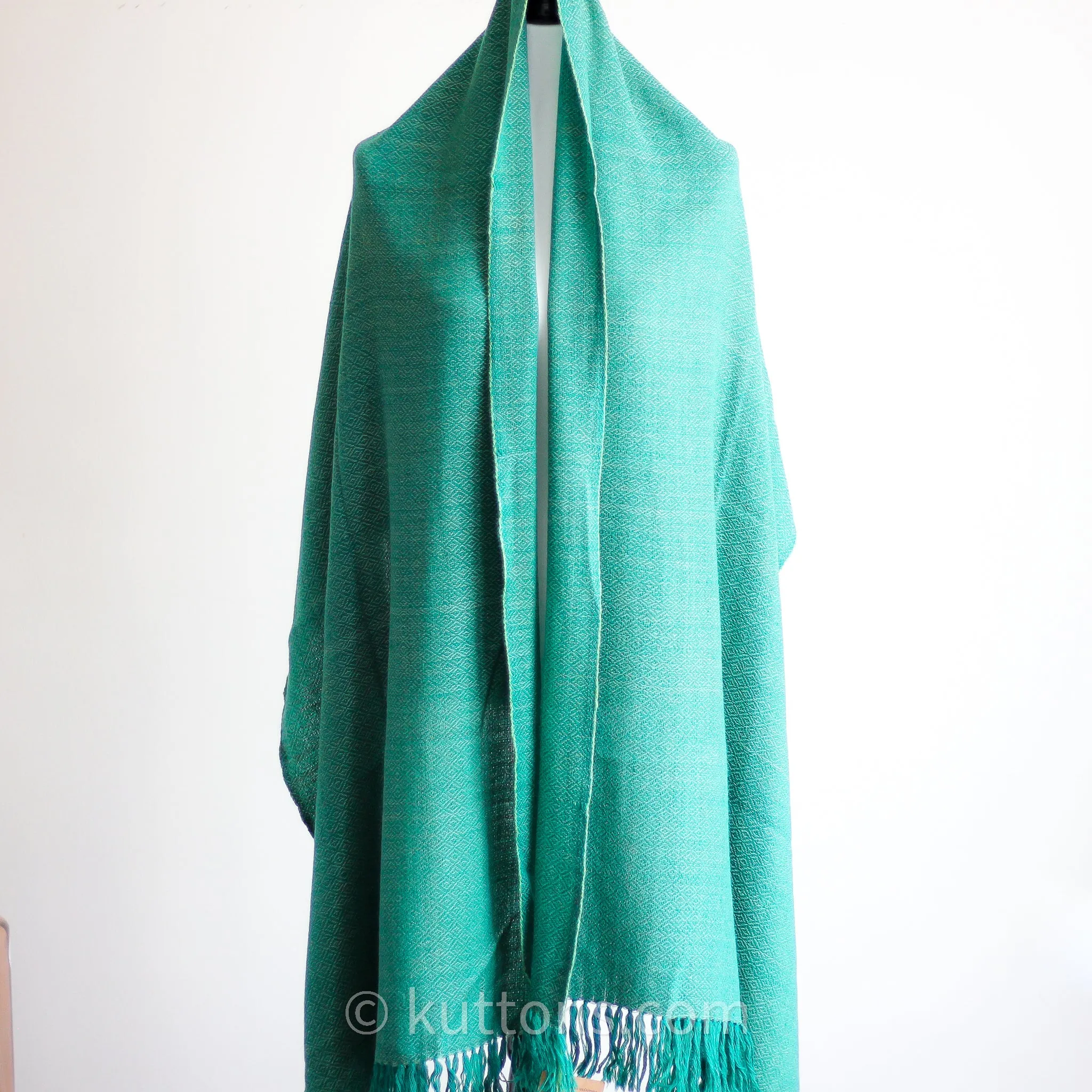 Naturally Dyed Handwoven Merino Wool & Eri Silk Shawl Wrap - Dyed with Tesu Flowers & Indigo | Green, 25x84"