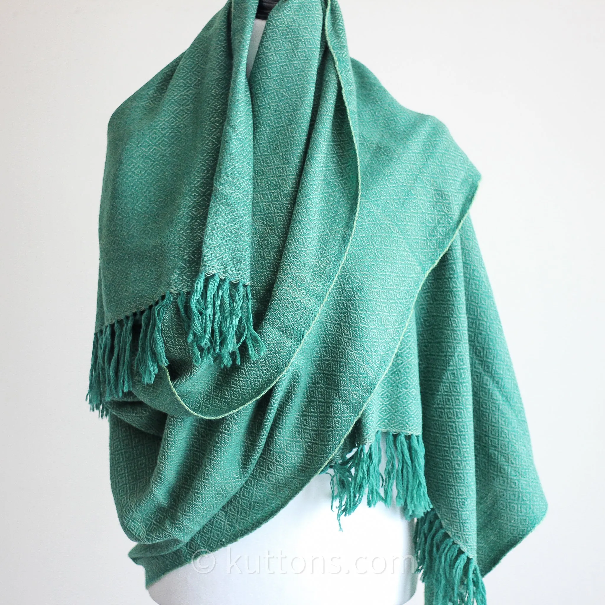 Naturally Dyed Handwoven Merino Wool & Eri Silk Shawl Wrap - Dyed with Tesu Flowers & Indigo | Green, 25x84"