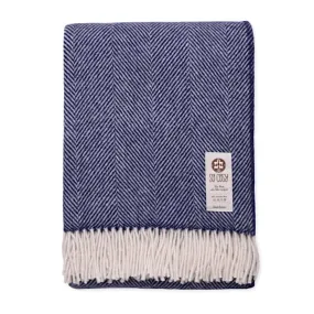 Night Blue and White Pure New Wool Herringbone Dani Throw (190cm x 130cm)