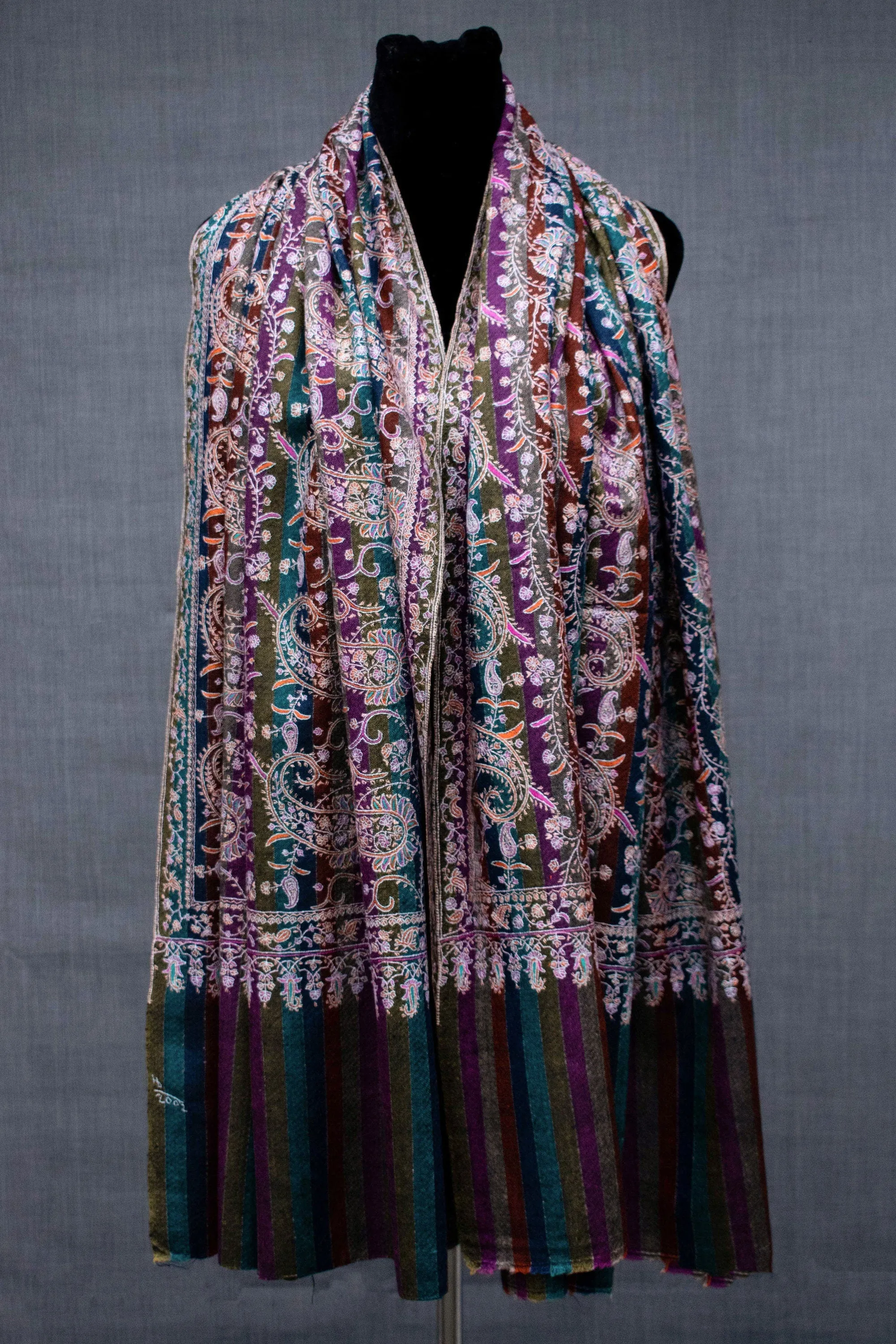 One of a Kind Pashmina Embroidered Shawl, Handmade in Kashmir