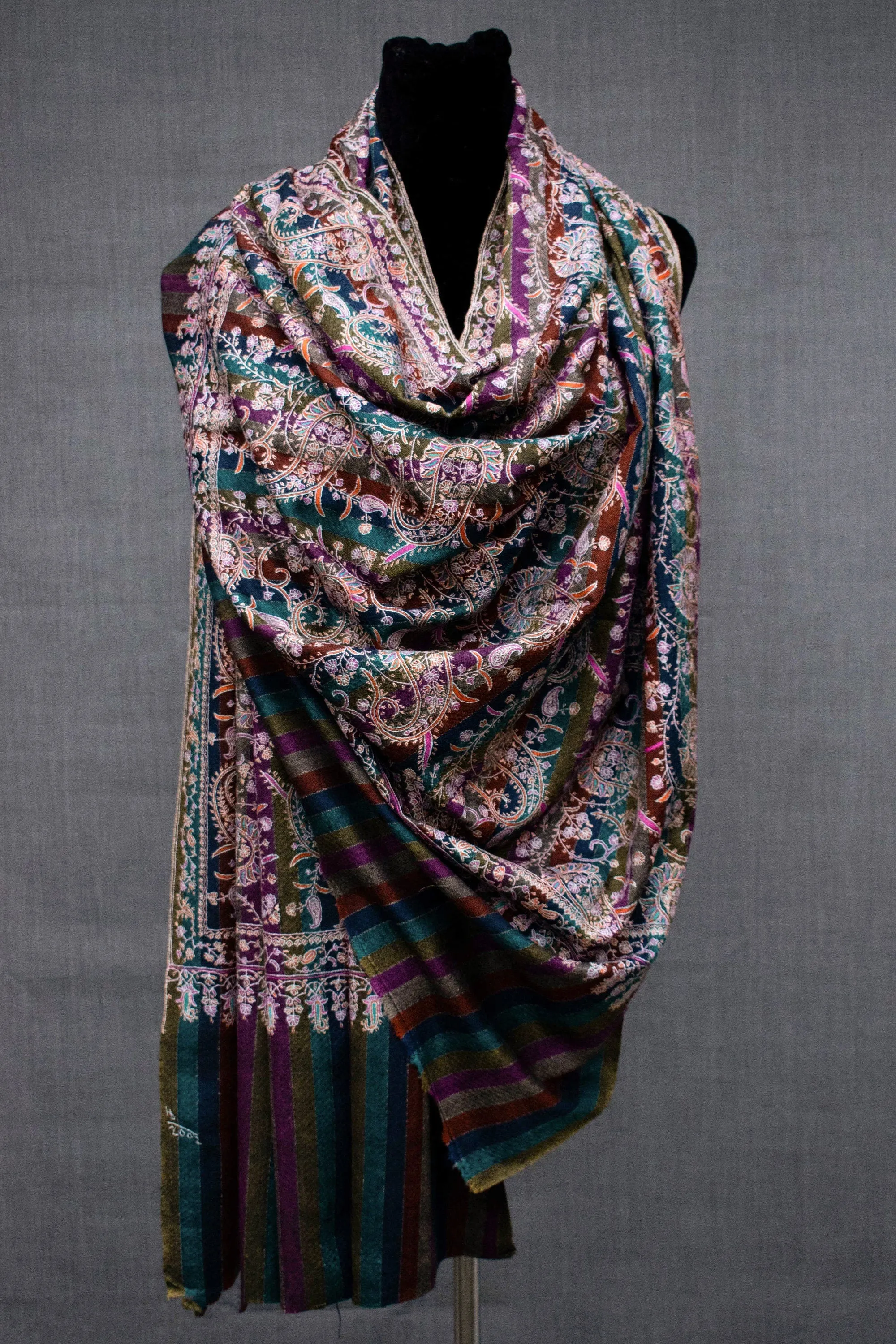 One of a Kind Pashmina Embroidered Shawl, Handmade in Kashmir