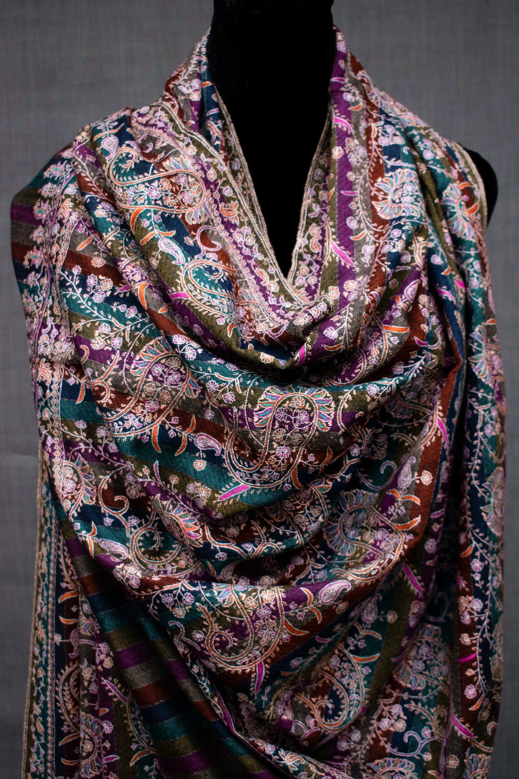 One of a Kind Pashmina Embroidered Shawl, Handmade in Kashmir