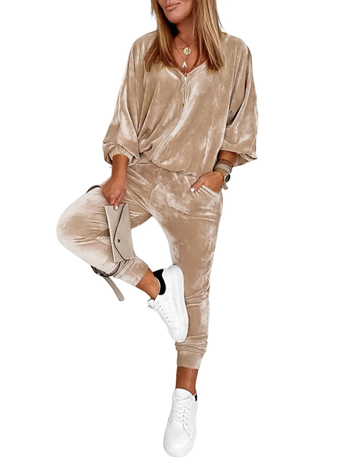 Parchment Velvet Lantern Sleeve Zipped Top & Joggers Pants Set