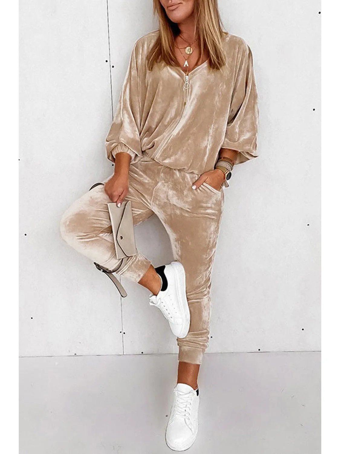 Parchment Velvet Lantern Sleeve Zipped Top & Joggers Pants Set