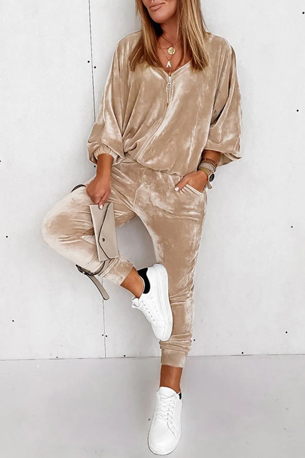 Parchment Velvet Zipped Top and Joggers Two Piece Set