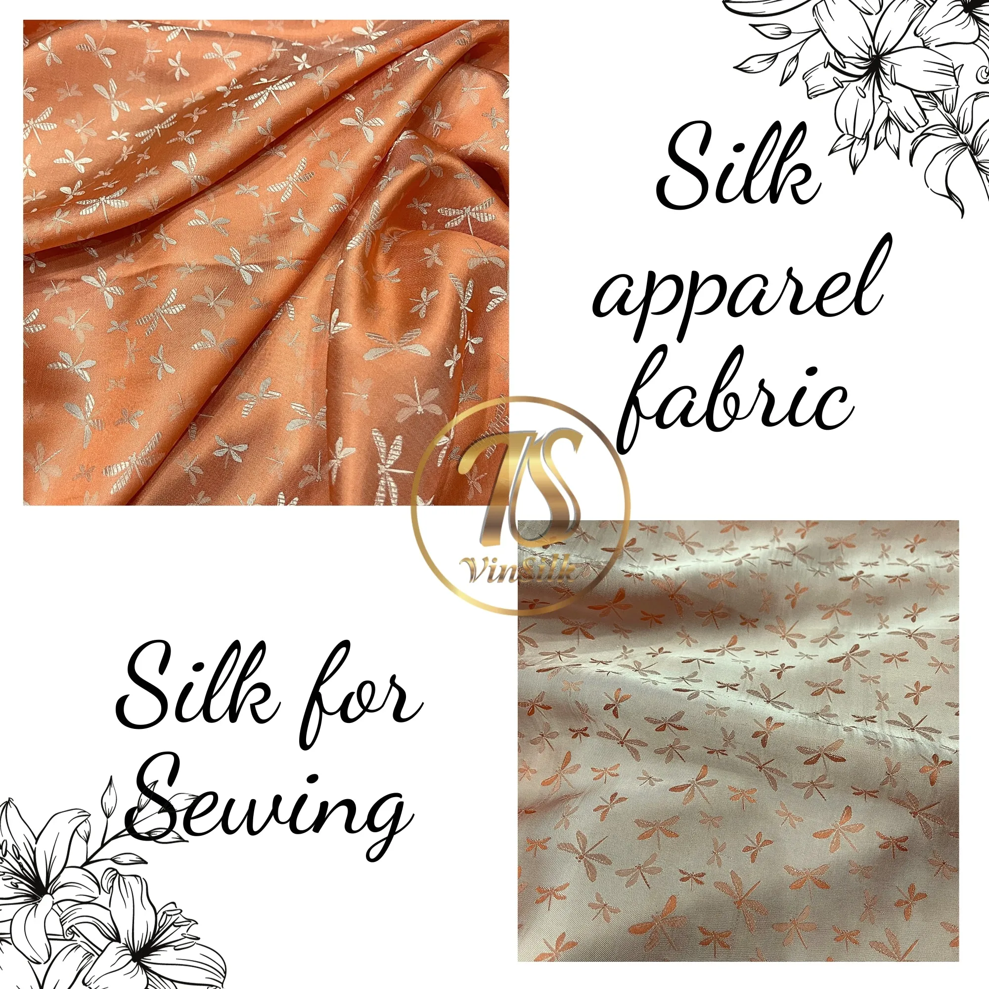 PATTERN MULBERRY SILK fabric by the yard - Orange silk with white pattern fabric - Handmade fabric – Dress making – Silk for sewing - Gift for women