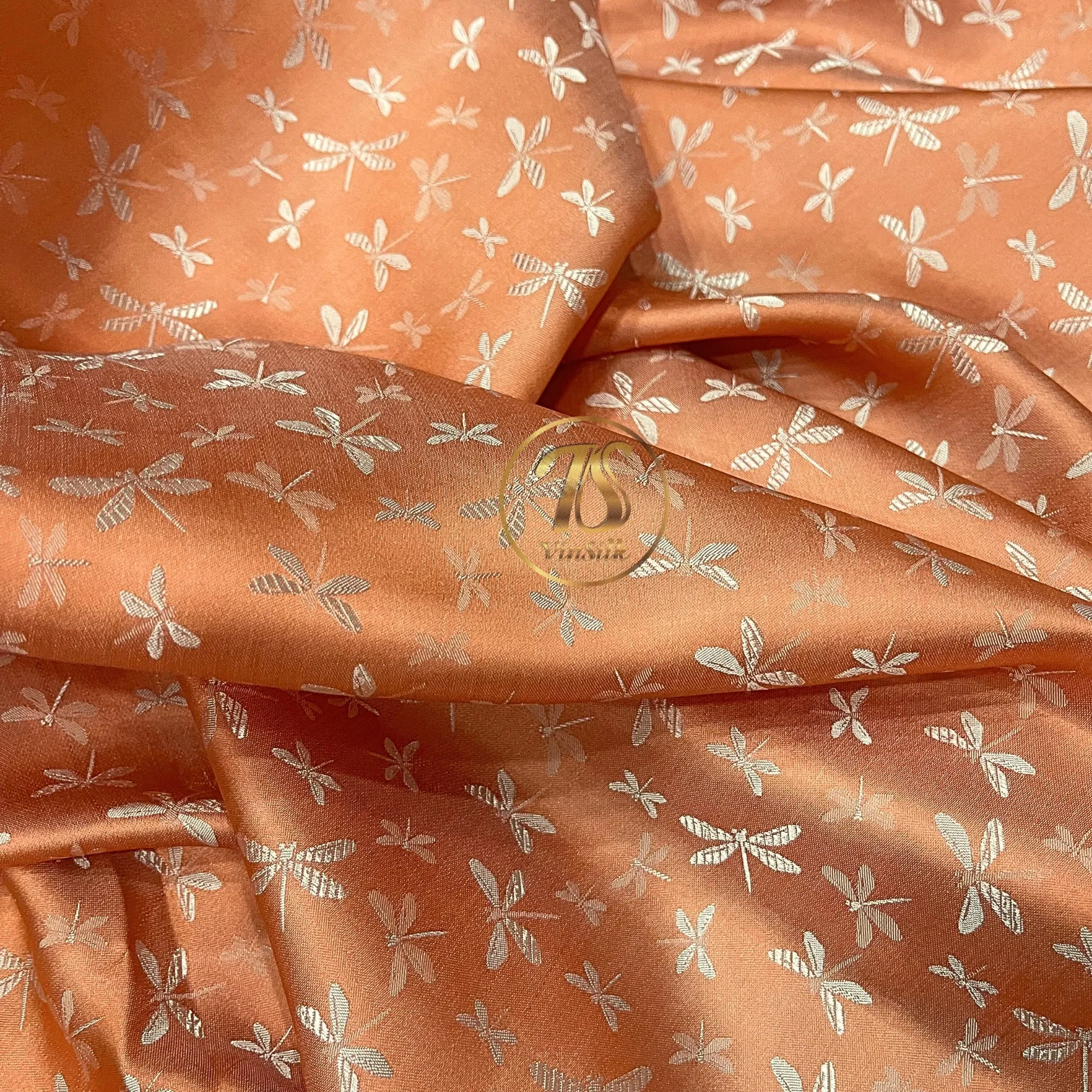 PATTERN MULBERRY SILK fabric by the yard - Orange silk with white pattern fabric - Handmade fabric – Dress making – Silk for sewing - Gift for women