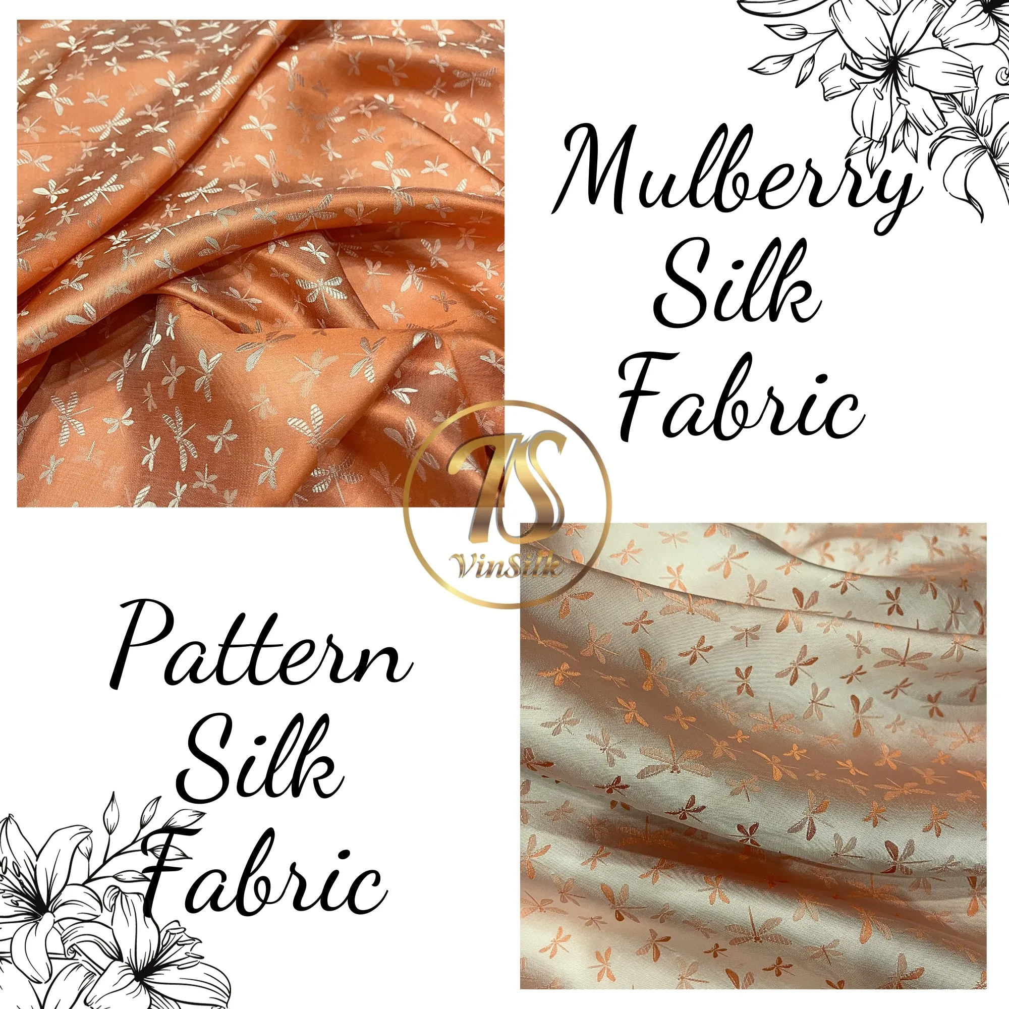 PATTERN MULBERRY SILK fabric by the yard - Orange silk with white pattern fabric - Handmade fabric – Dress making – Silk for sewing - Gift for women