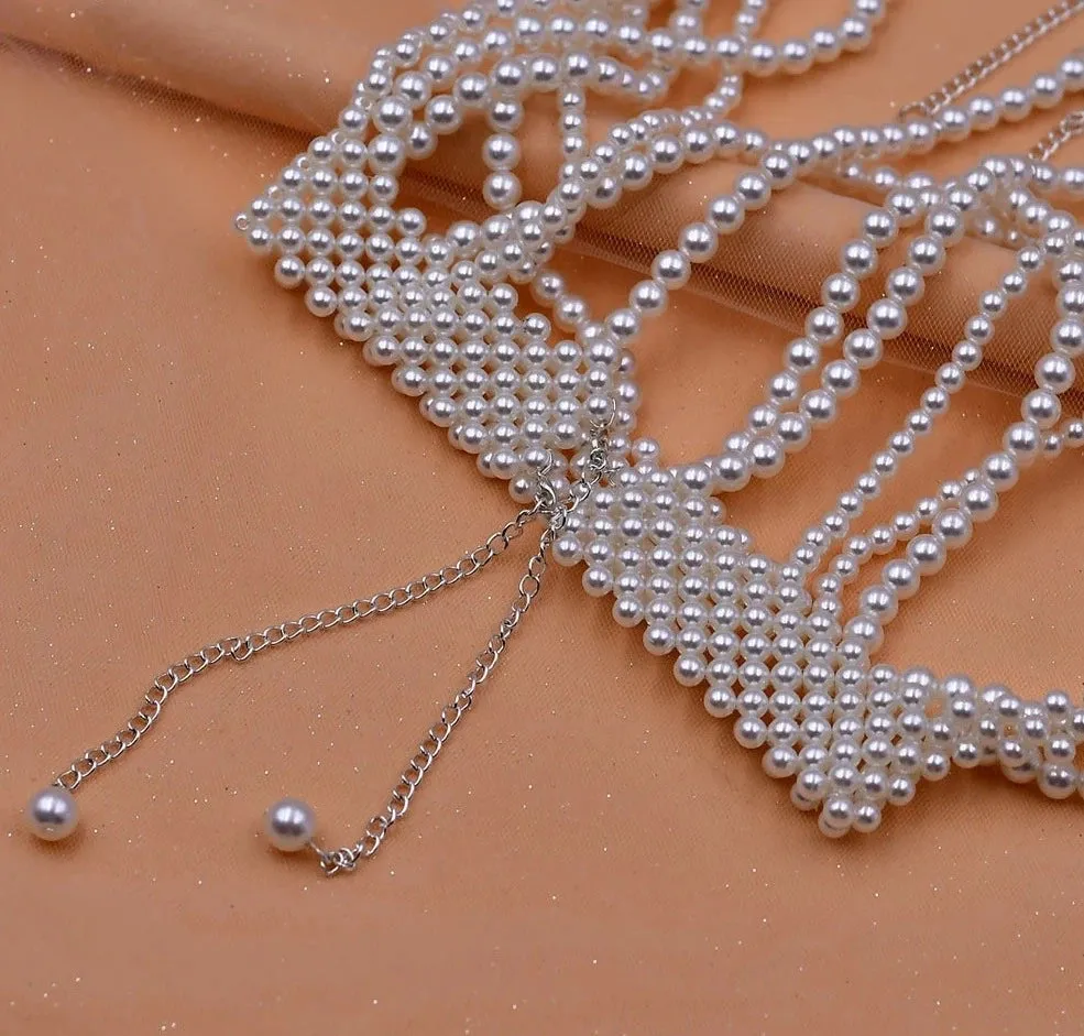 Pearl Bridal Necklace Hand Woven Beaded Wedding Tassel Bolero Body Chain