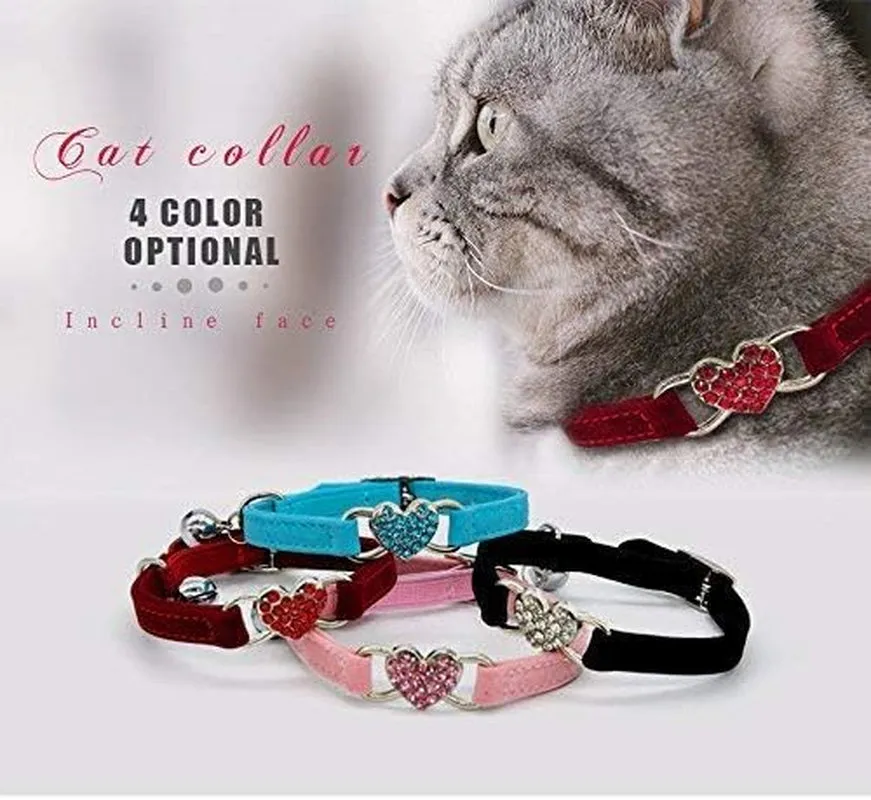 Pink Soft Velvet Safe Cat Adjustable Collar with Crystal Heart Charm and Bells 8-11 Inches(Black Red Pink Blue)