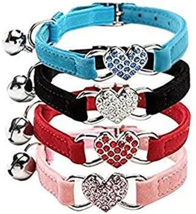 Pink Soft Velvet Safe Cat Adjustable Collar with Crystal Heart Charm and Bells 8-11 Inches(Black Red Pink Blue)