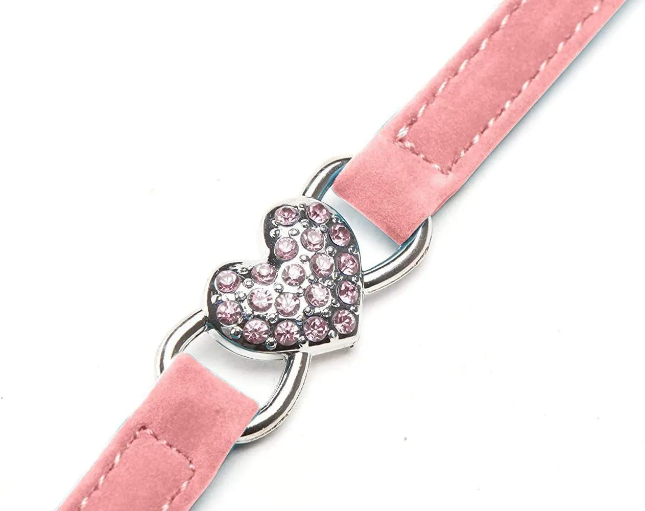 Pink Soft Velvet Safe Cat Adjustable Collar with Crystal Heart Charm and Bells 8-11 Inches(Black Red Pink Blue)