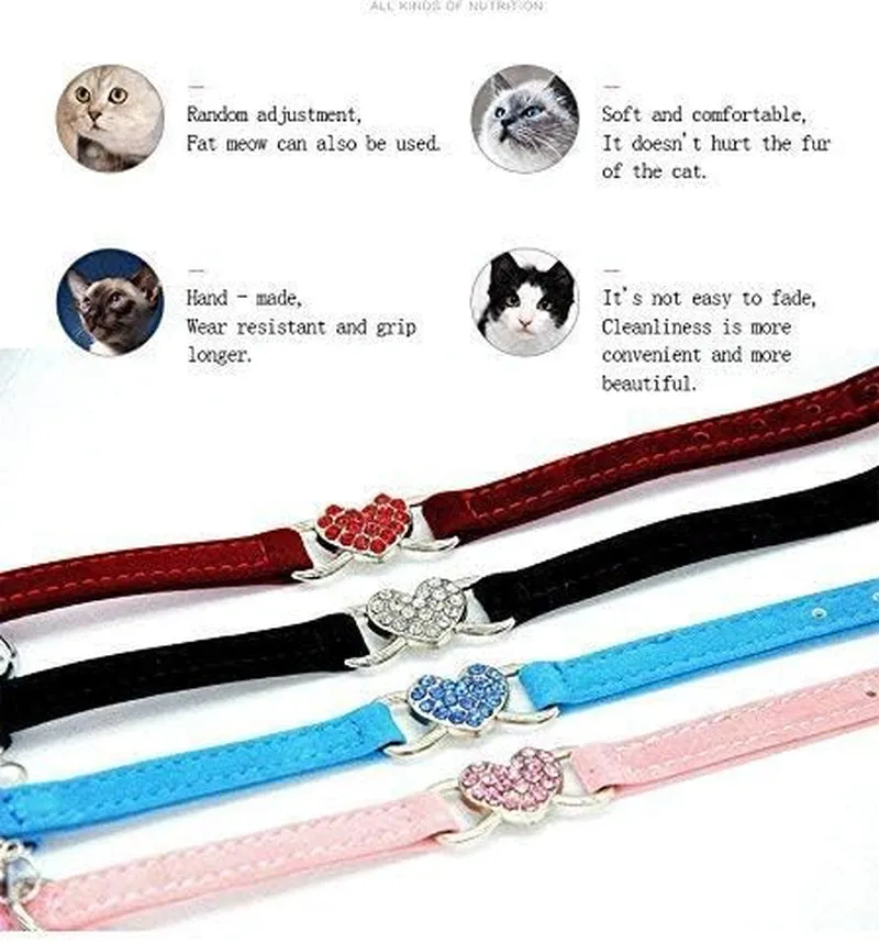 Pink Soft Velvet Safe Cat Adjustable Collar with Crystal Heart Charm and Bells 8-11 Inches(Black Red Pink Blue)