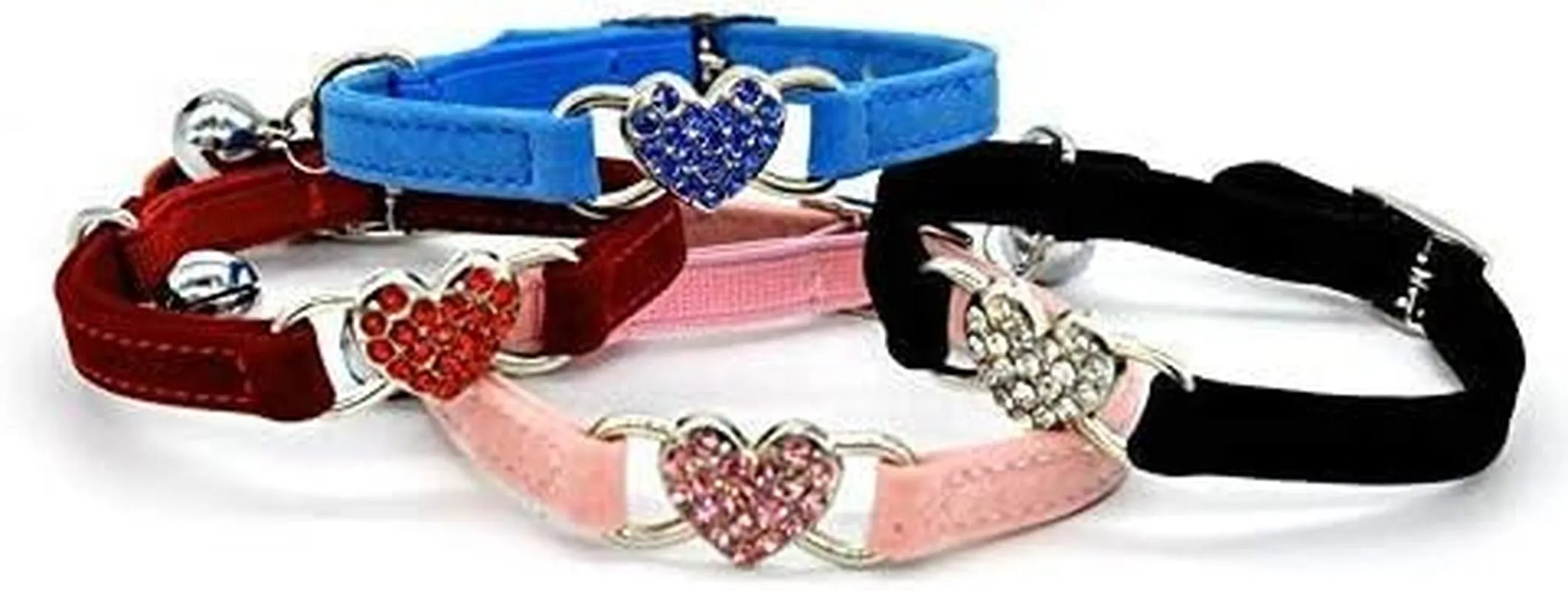 Pink Soft Velvet Safe Cat Adjustable Collar with Crystal Heart Charm and Bells 8-11 Inches(Black Red Pink Blue)