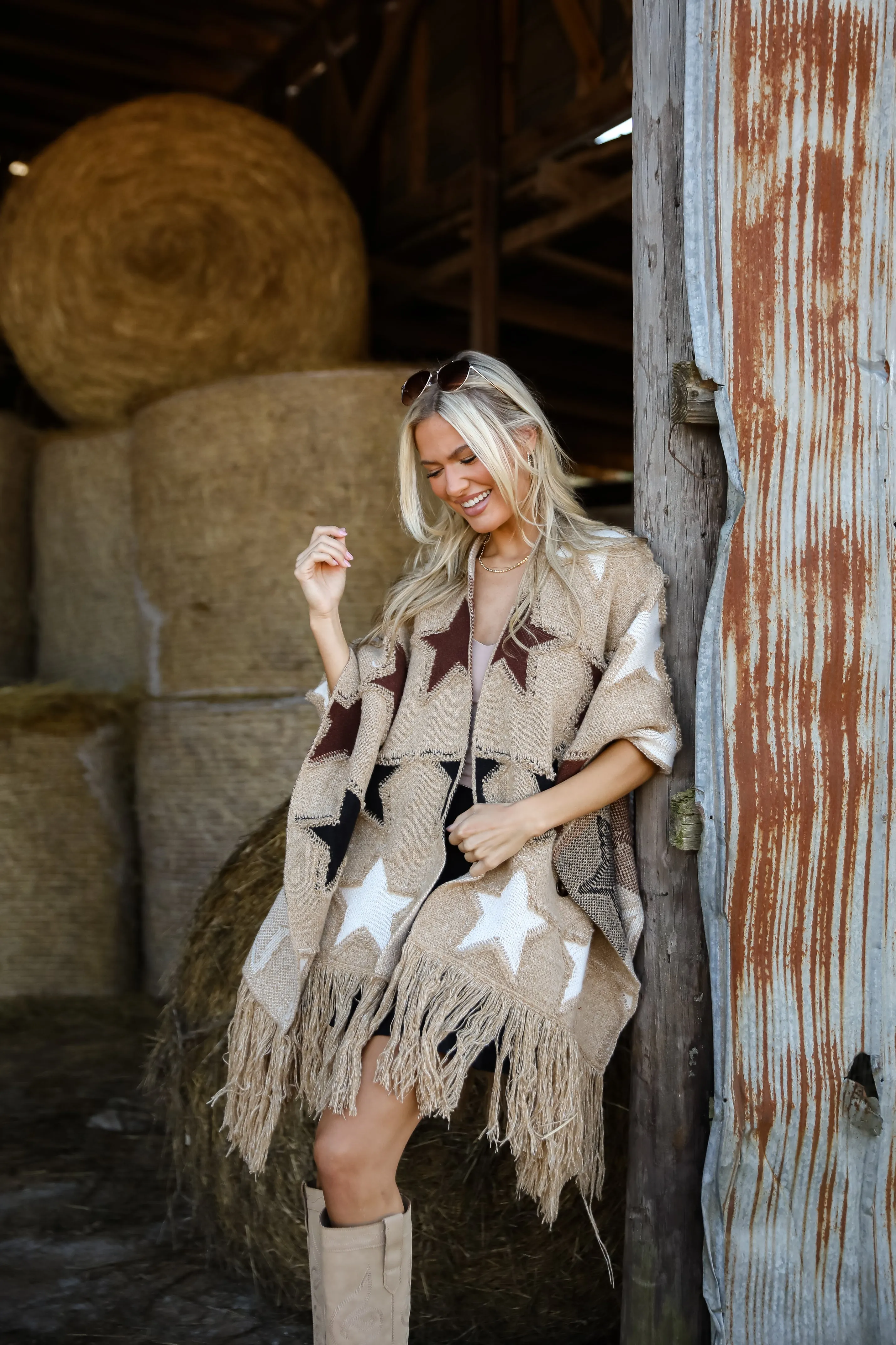 Playful Coziness Beige Star Knit Fringe Shawl