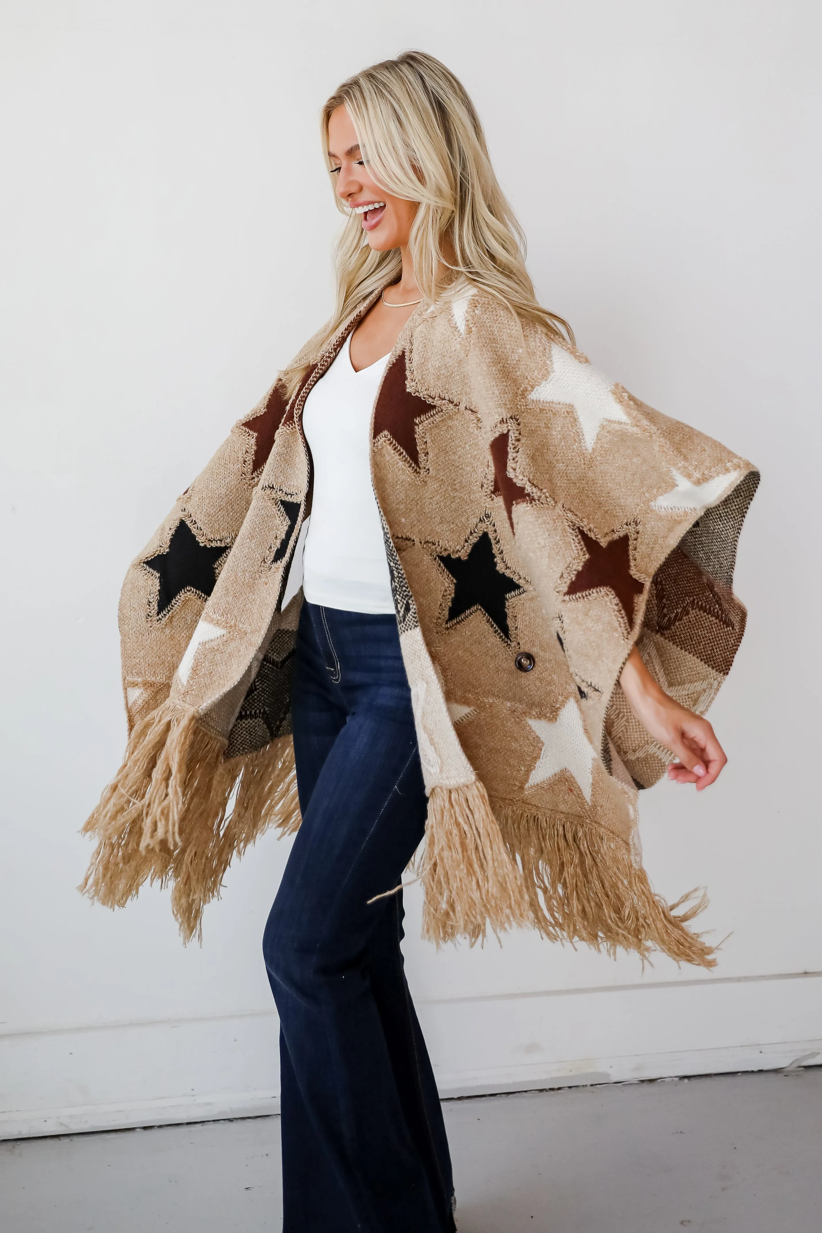 Playful Coziness Beige Star Knit Fringe Shawl