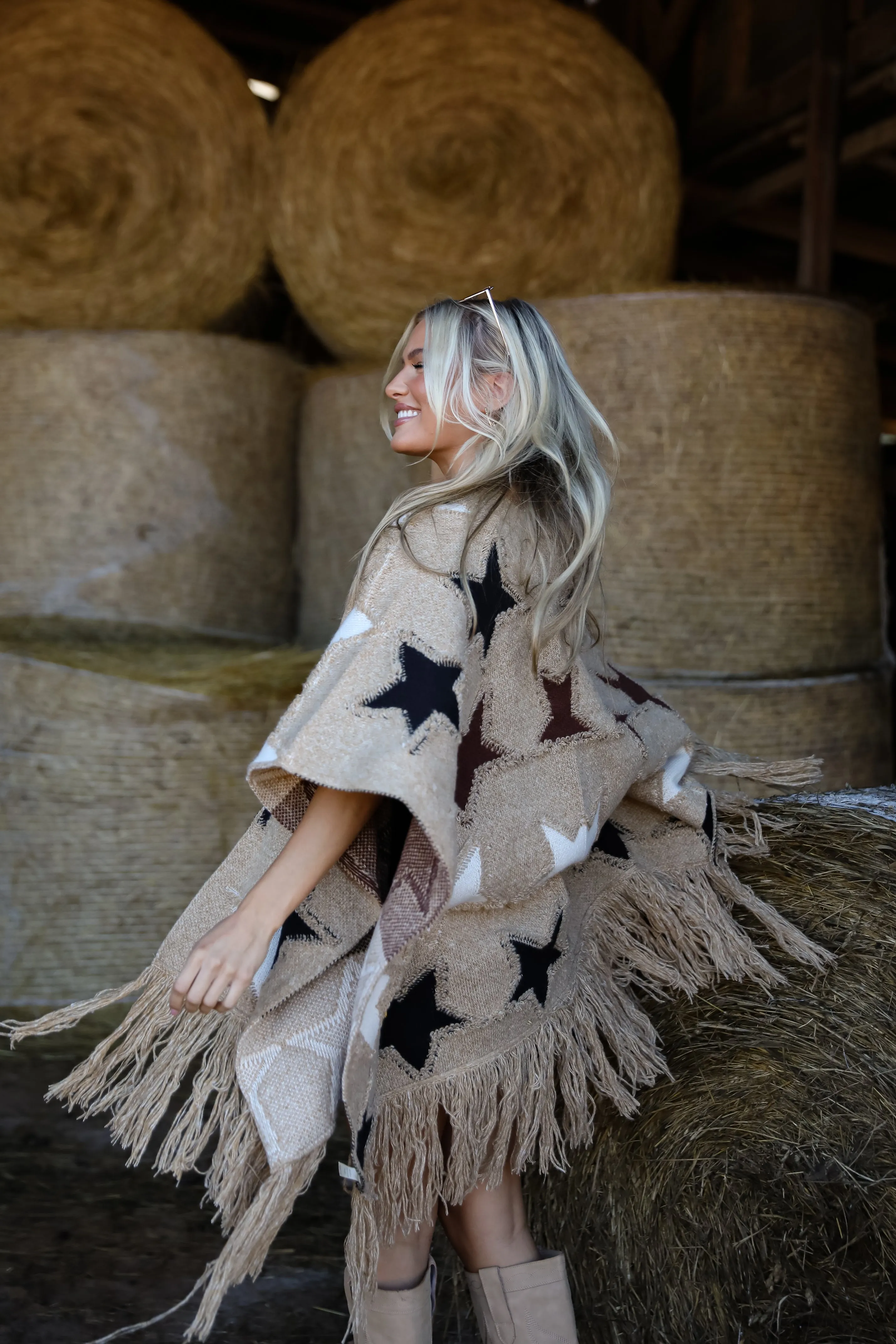 Playful Coziness Beige Star Knit Fringe Shawl