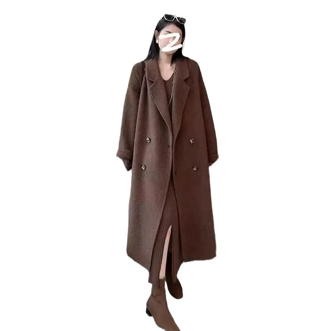 Purpdrank cold weather outfits Women's Double-Sided Cashmere Coat with Camel Velvet Mulberry Silk Wool Mid-Length Winter Thickened Lazy Woolen Coat