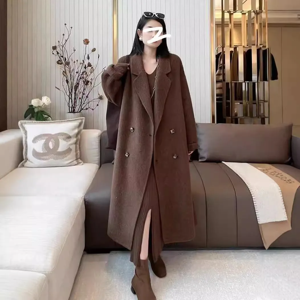 Purpdrank cold weather outfits Women's Double-Sided Cashmere Coat with Camel Velvet Mulberry Silk Wool Mid-Length Winter Thickened Lazy Woolen Coat