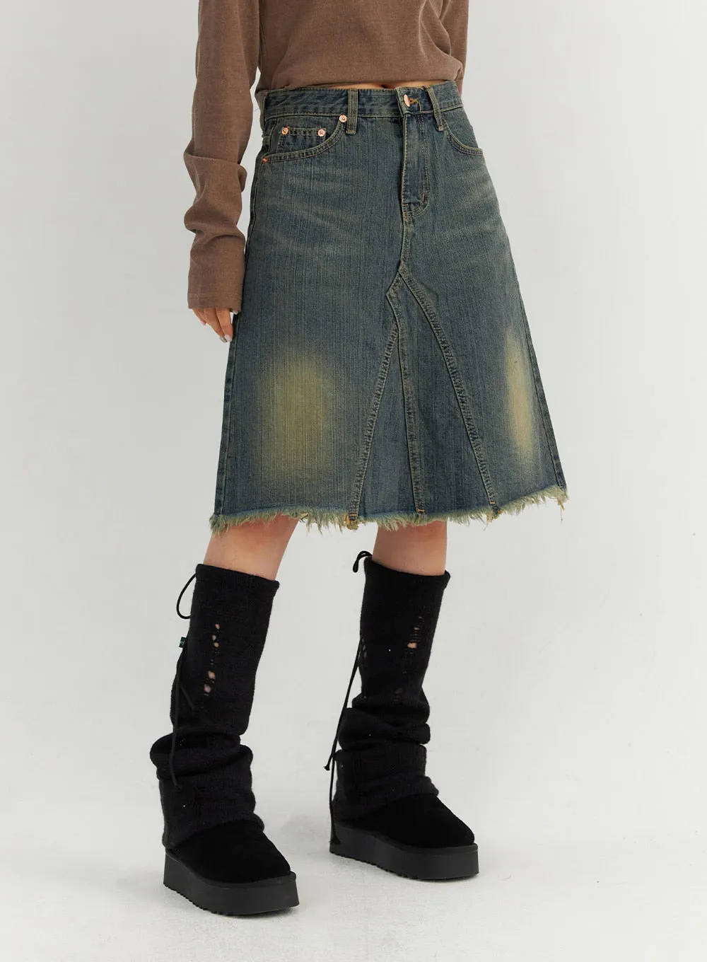 Raw Hem Midi Denim Skirt CO319