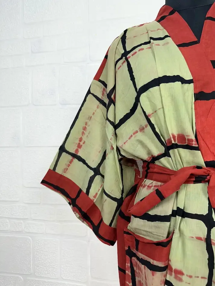 Recycled Pure Cotton Vintage Kimono Open Jacket Boho Summer TieDye House Robe, Beach Coverup | Green Red Geometric Style Print