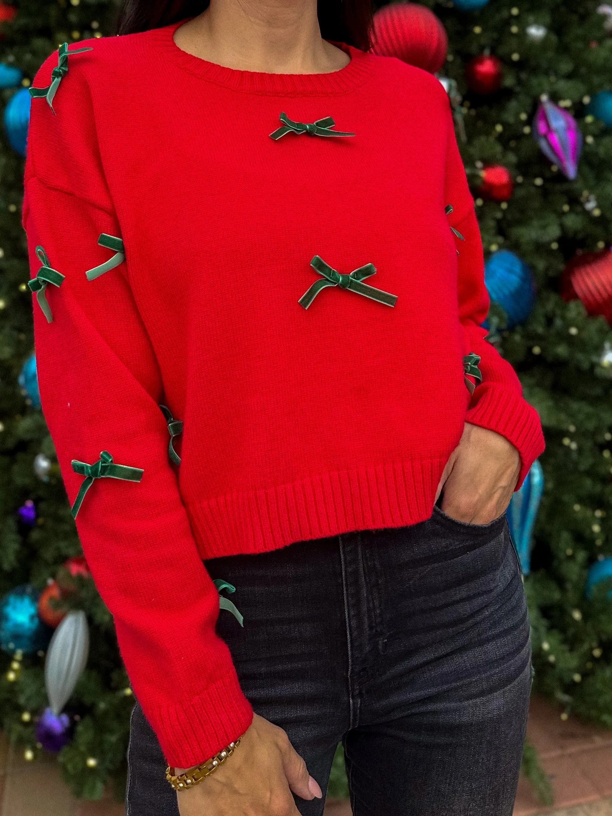 Red & Green Christmas Ribbon Bow Sweater