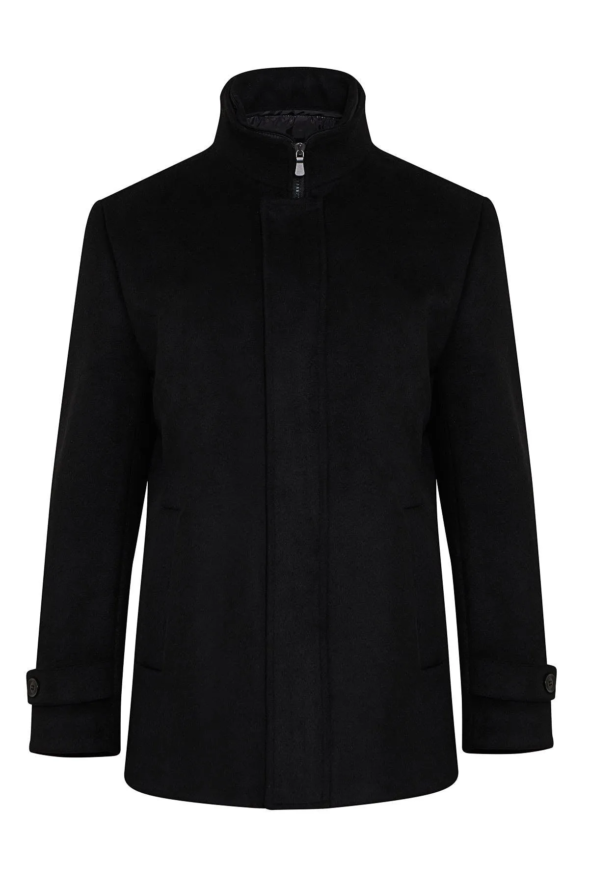 Regular Fit Cachet Stand Collar Wool Blend Black Overcoat