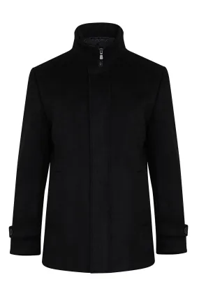 Regular Fit Cachet Stand Collar Wool Blend Black Overcoat