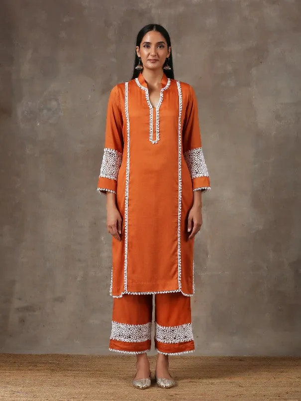 Rust Orange Lace Detail Cotton Kurta Set (Set of 2)