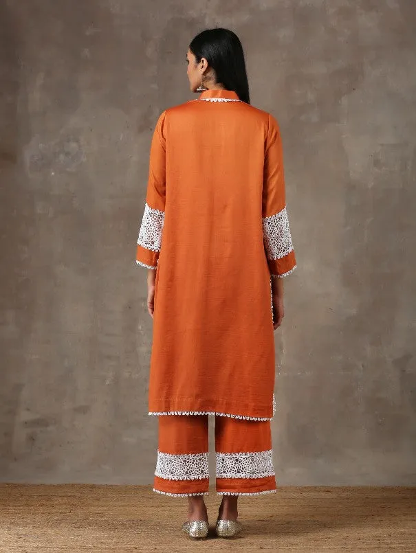 Rust Orange Lace Detail Cotton Kurta Set (Set of 2)