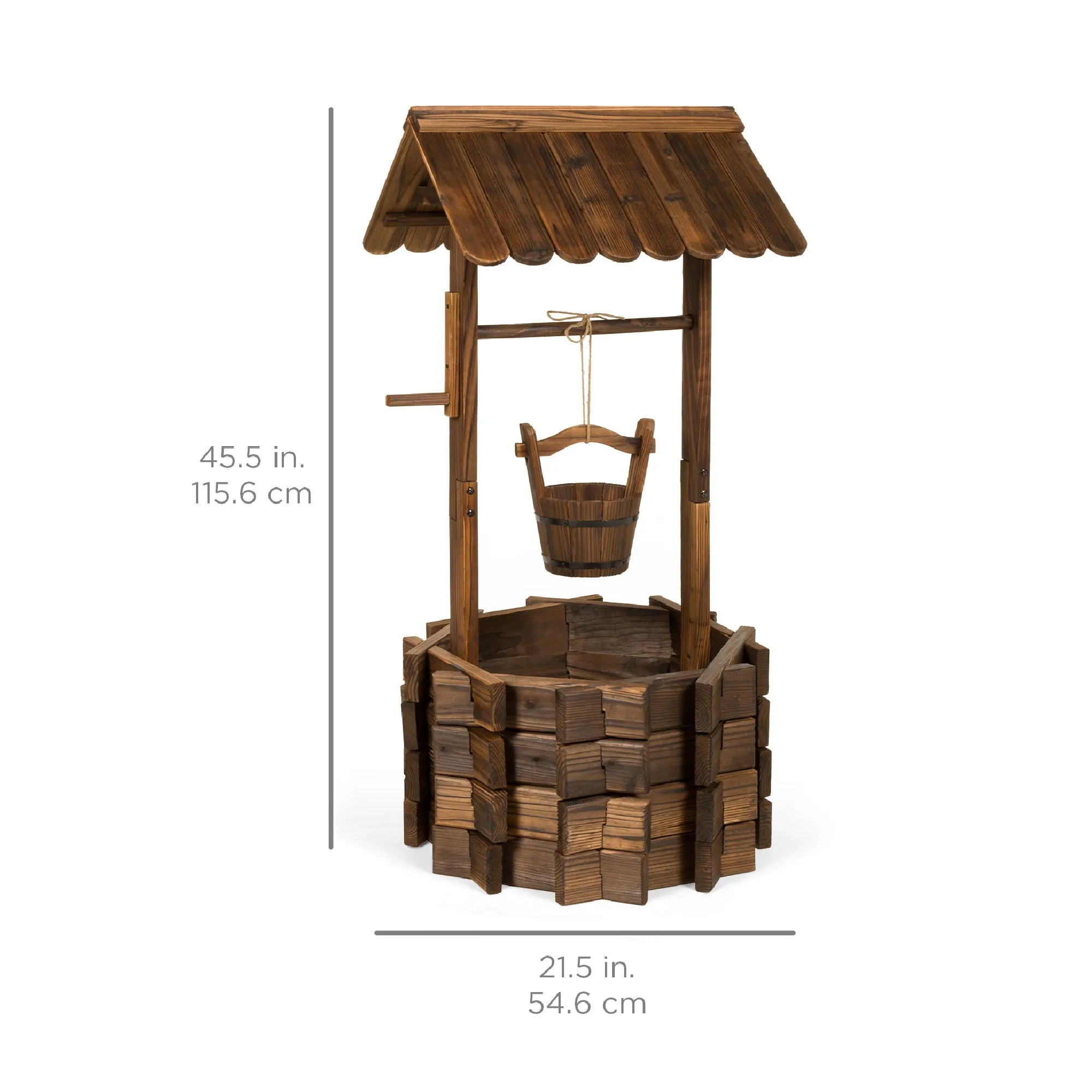 Rustic Wooden Wishing Well Planter Yard Decoration w/ Hanging Bucket