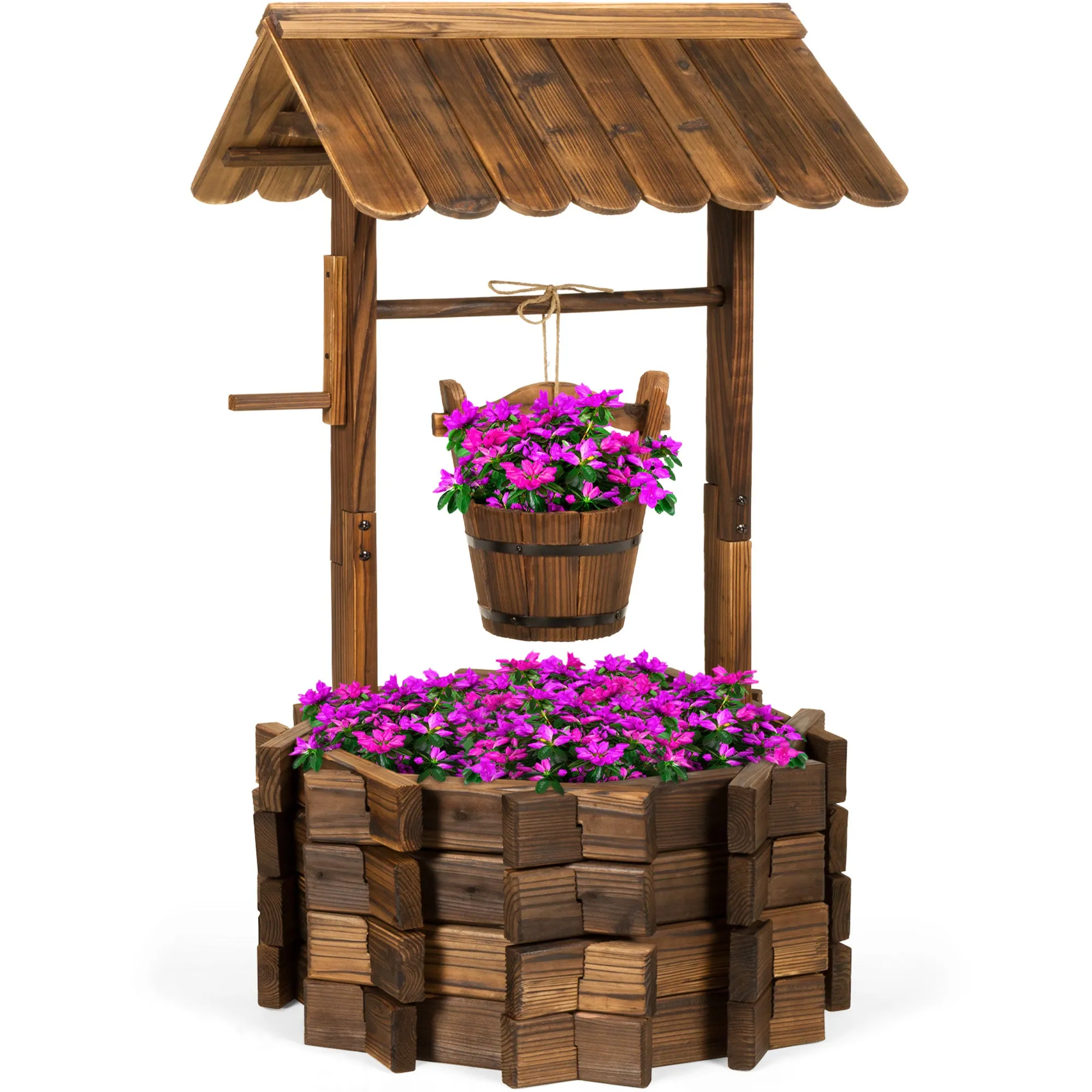 Rustic Wooden Wishing Well Planter Yard Decoration w/ Hanging Bucket