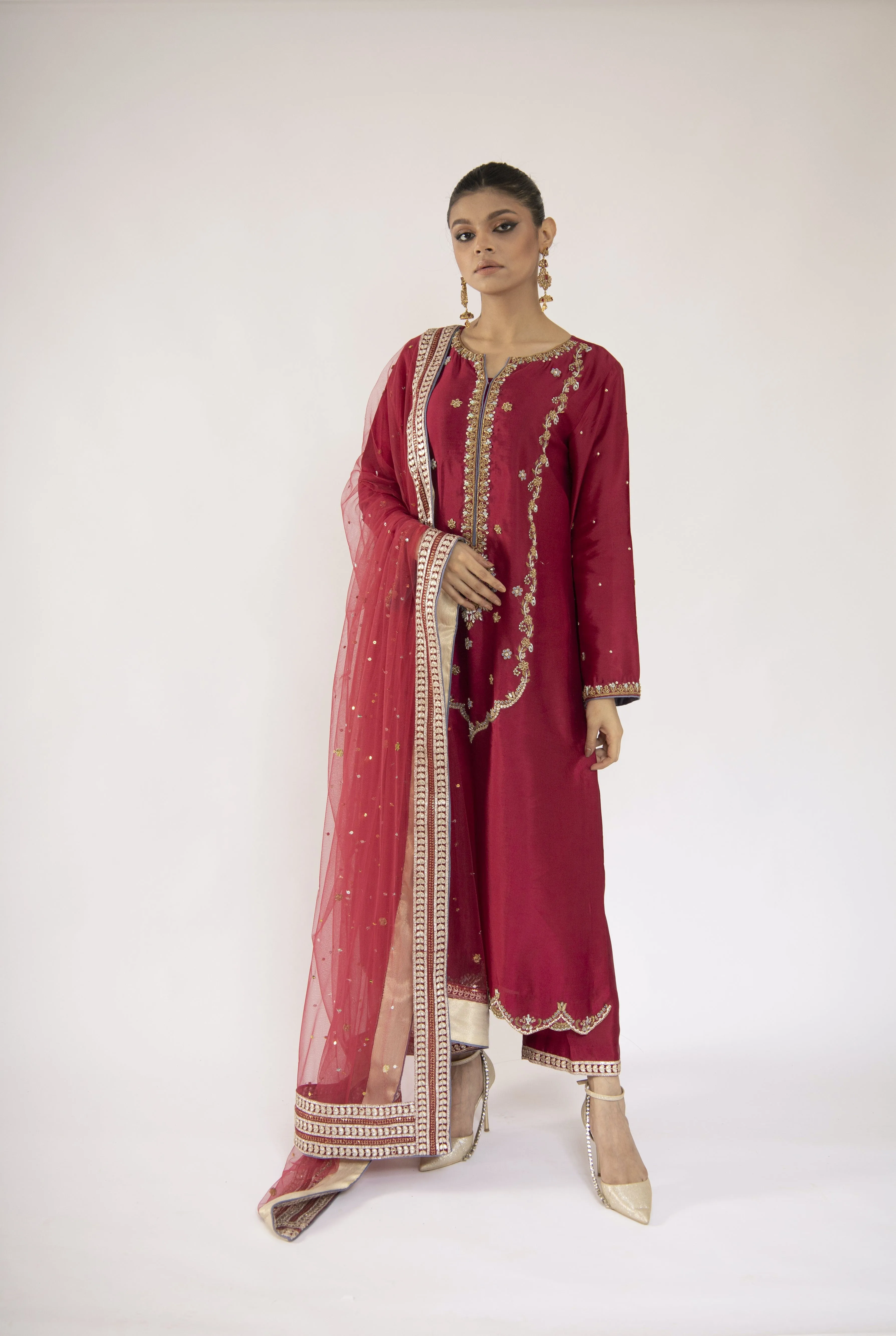 Sadia Aamir - A'eera - Magenta Embroidered Sheesha Silk Shirt and Culottes with Net Dupatta - 3 Piece