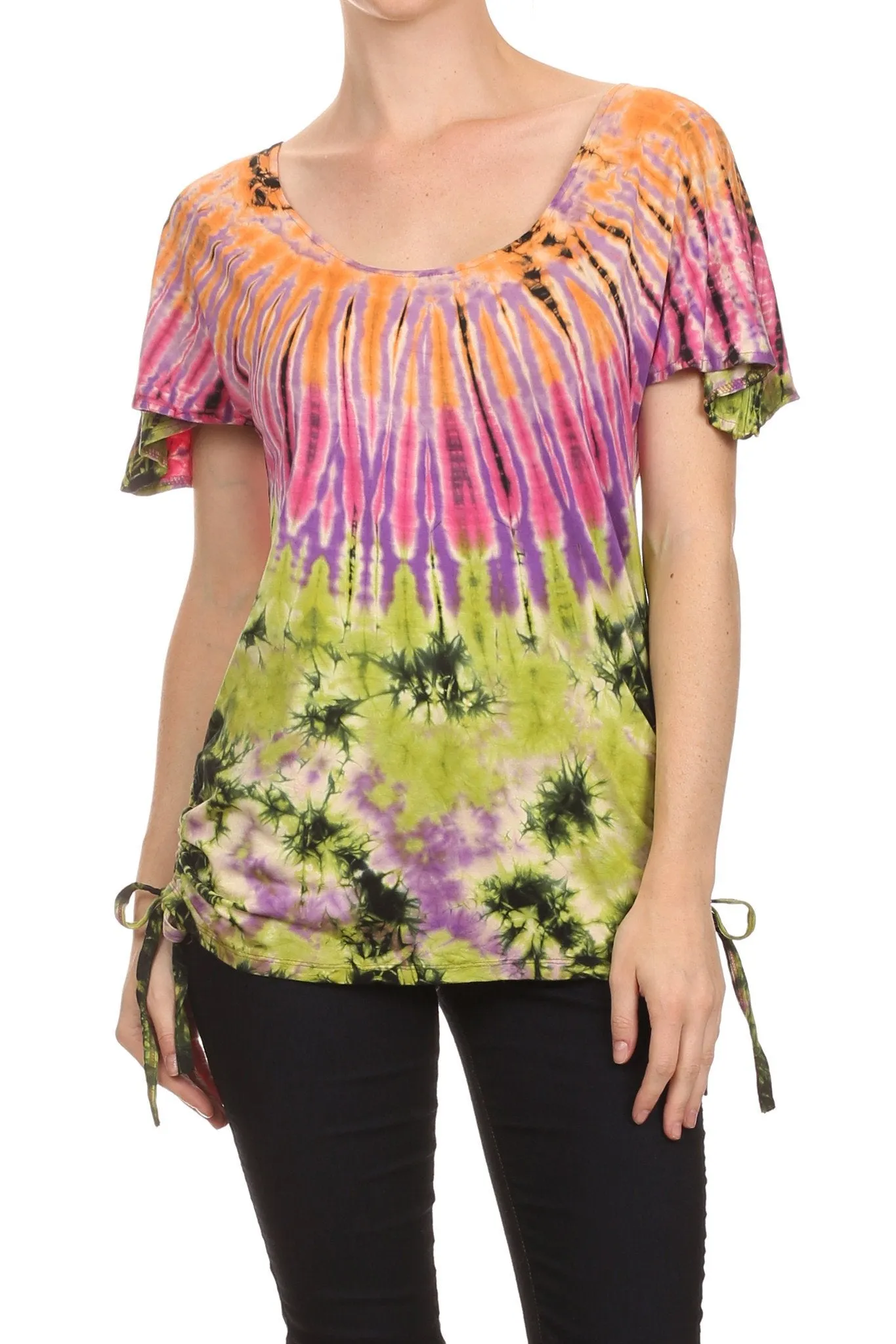 Sakkas  Harlie Tie Dye Blouse With High Low Adjustable Side Seam