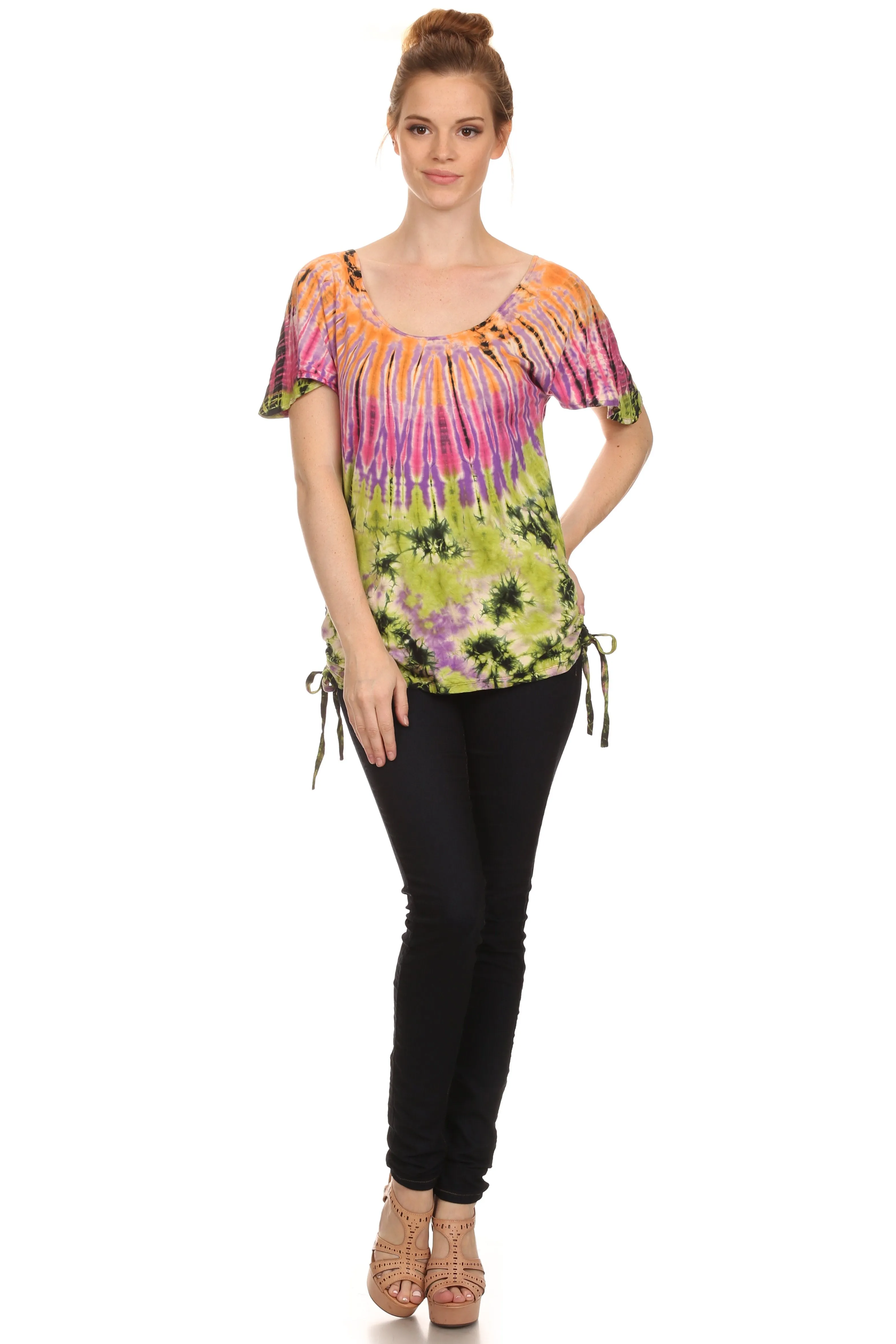 Sakkas  Harlie Tie Dye Blouse With High Low Adjustable Side Seam