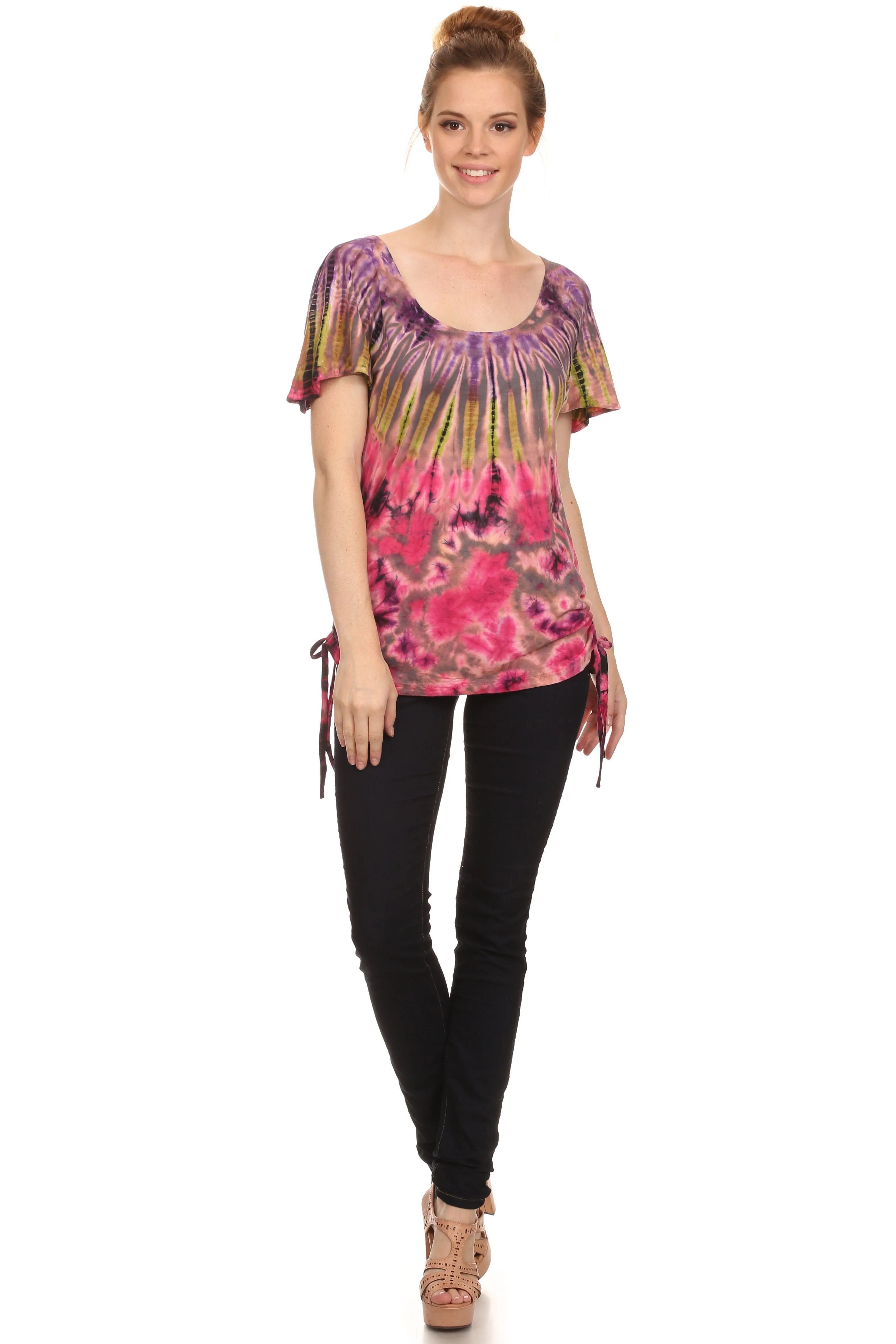 Sakkas  Harlie Tie Dye Blouse With High Low Adjustable Side Seam