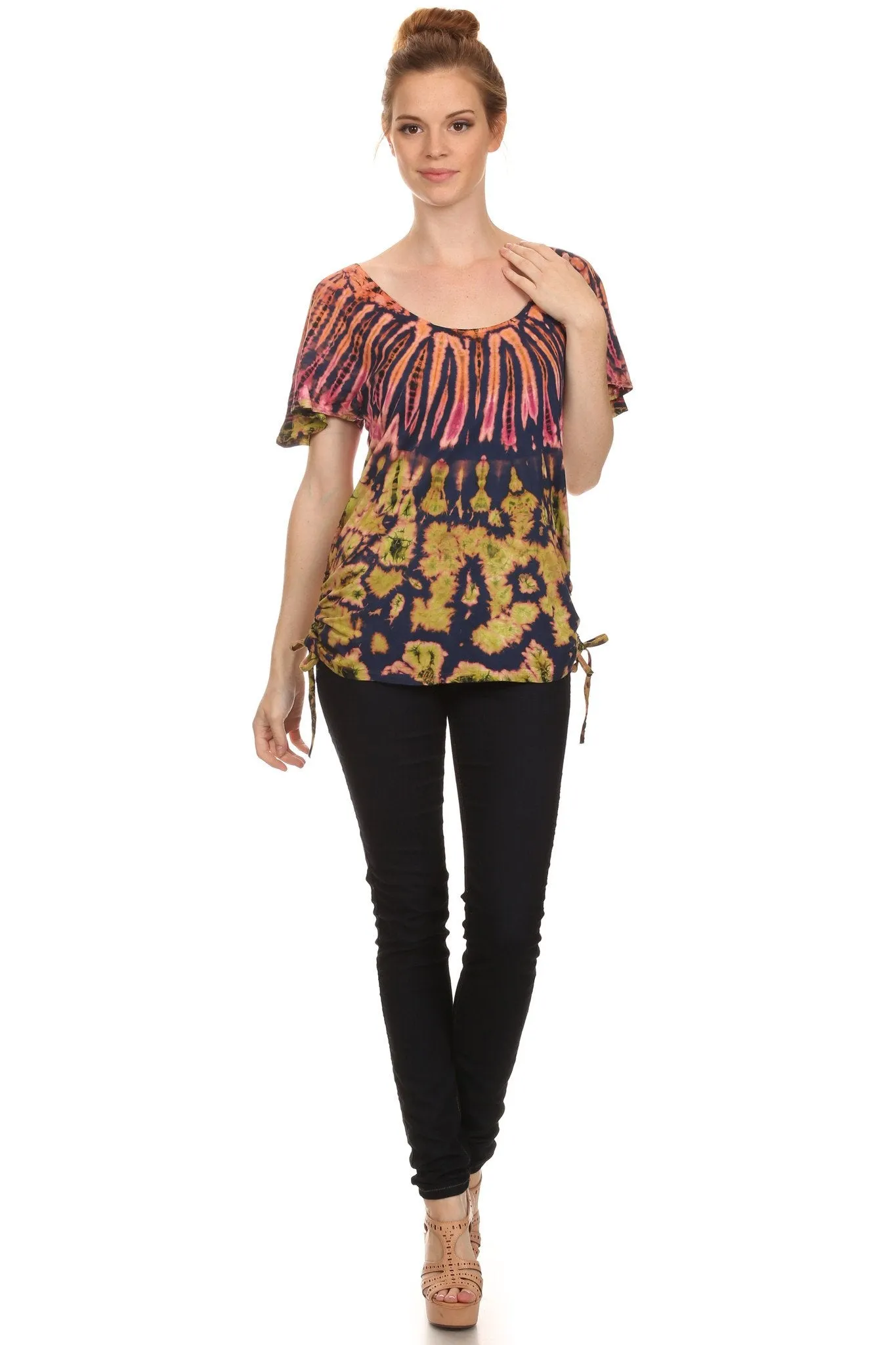 Sakkas  Harlie Tie Dye Blouse With High Low Adjustable Side Seam