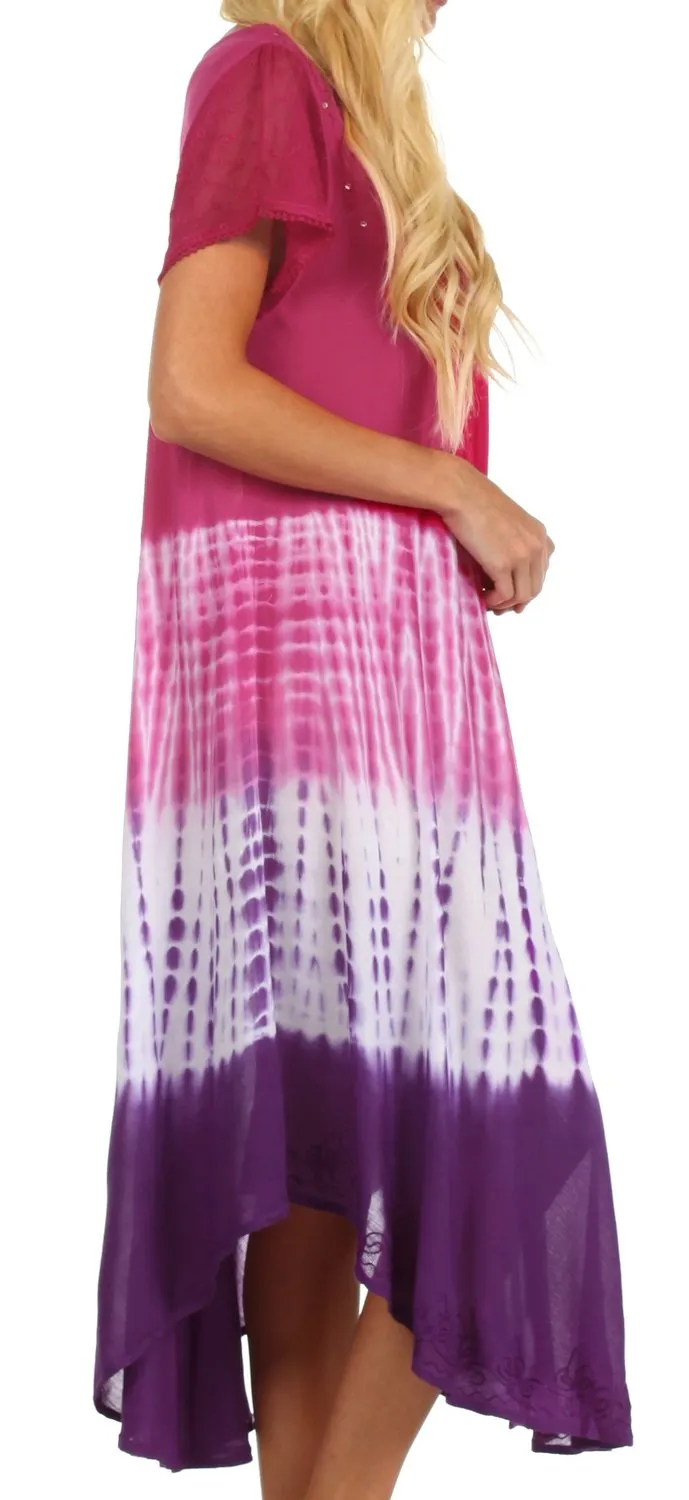 Sakkas Multi Color Tie Dye Cap Sleeve Caftan Dress / Cover Up