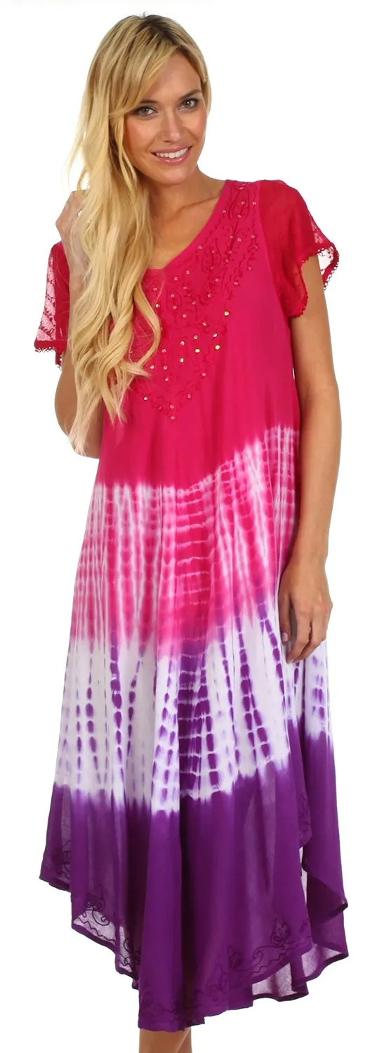 Sakkas Multi Color Tie Dye Cap Sleeve Caftan Dress / Cover Up