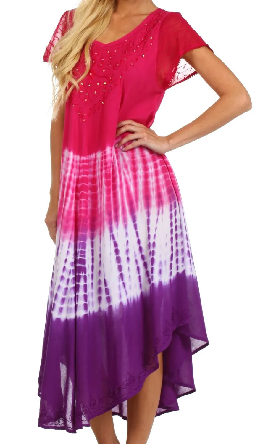 Sakkas Multi Color Tie Dye Cap Sleeve Caftan Dress / Cover Up