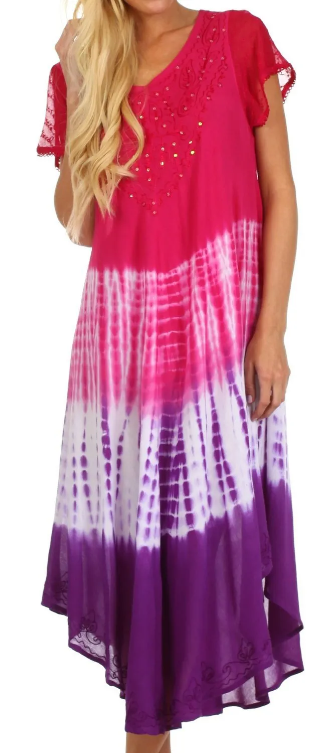 Sakkas Multi Color Tie Dye Cap Sleeve Caftan Dress / Cover Up