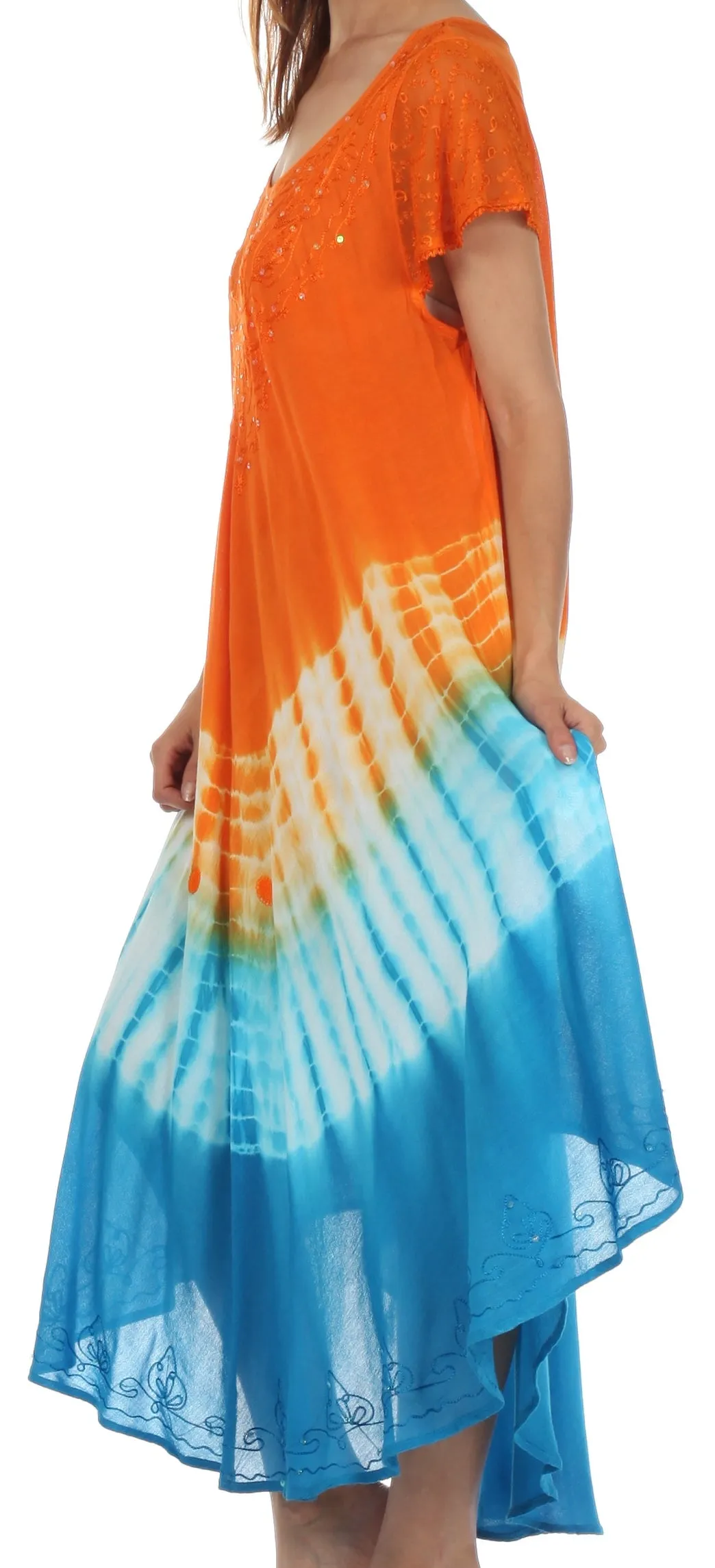 Sakkas Multi Color Tie Dye Cap Sleeve Caftan Dress / Cover Up