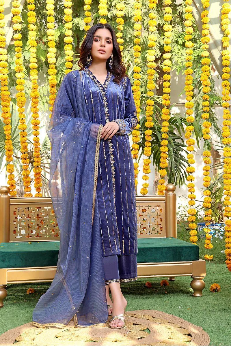 Sanas - Handwork Embroidered Velvet 3 Piece Suit - ZEENAT - S202222 - Lapis Lazuli Blue