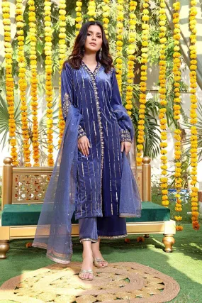 Sanas - Handwork Embroidered Velvet 3 Piece Suit - ZEENAT - S202222 - Lapis Lazuli Blue