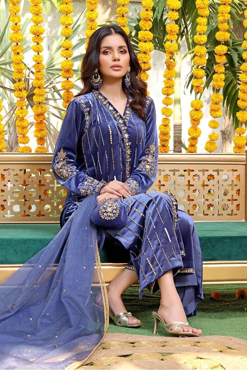 Sanas - Handwork Embroidered Velvet 3 Piece Suit - ZEENAT - S202222 - Lapis Lazuli Blue