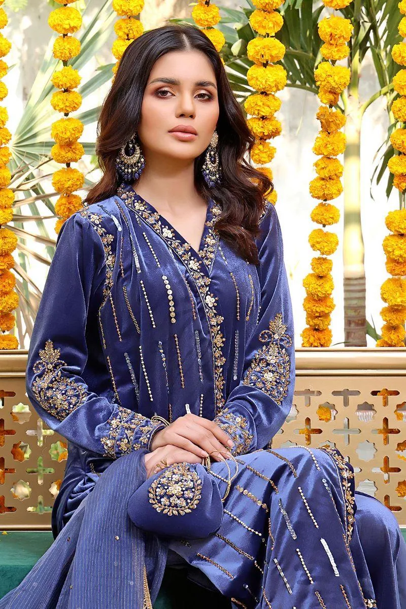 Sanas - Handwork Embroidered Velvet 3 Piece Suit - ZEENAT - S202222 - Lapis Lazuli Blue