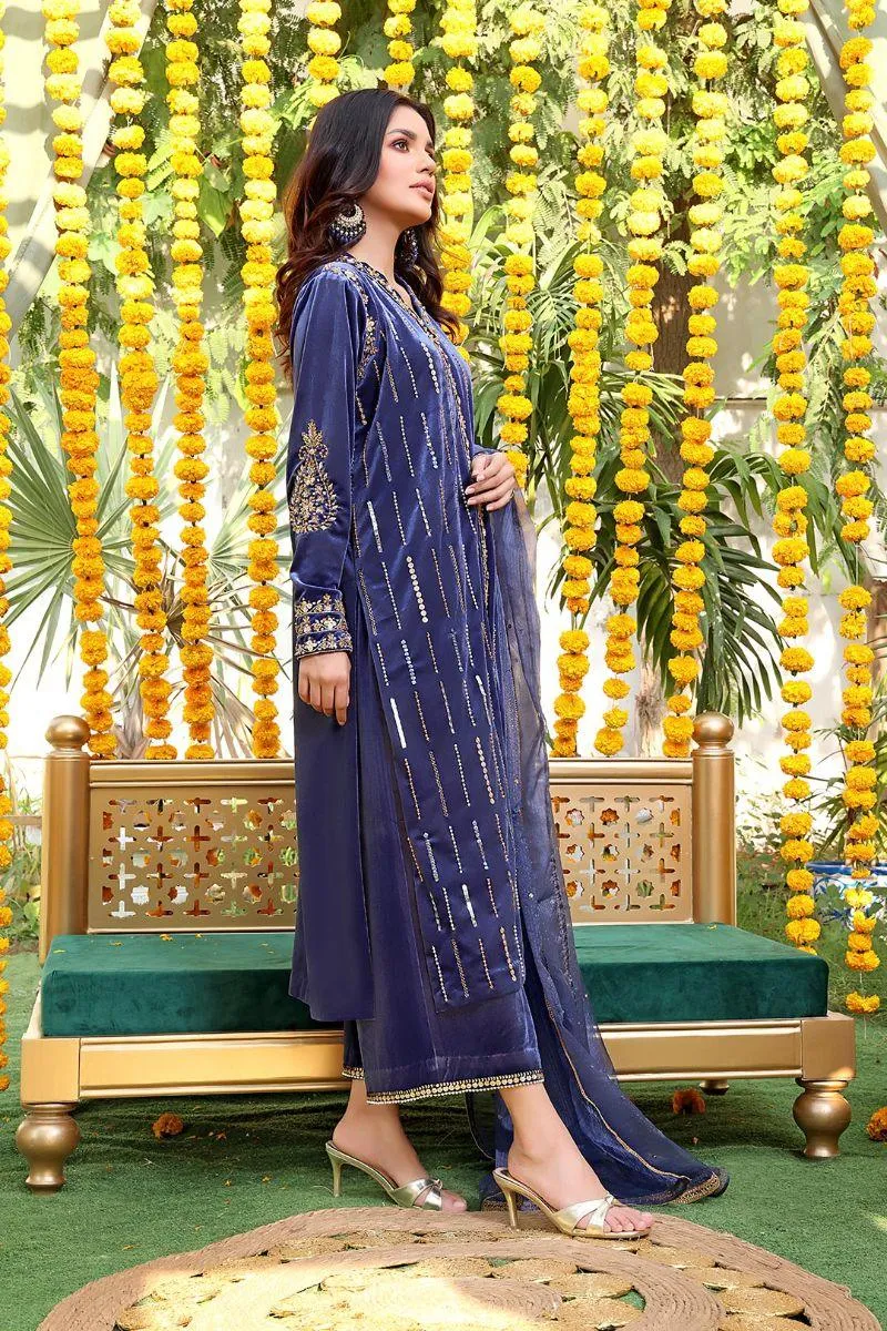 Sanas - Handwork Embroidered Velvet 3 Piece Suit - ZEENAT - S202222 - Lapis Lazuli Blue