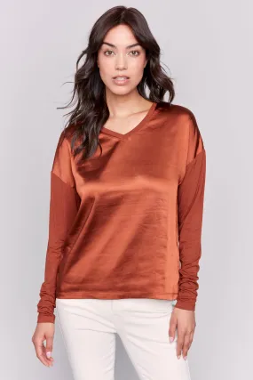 SATIN FRONT LS V-NECK TOP